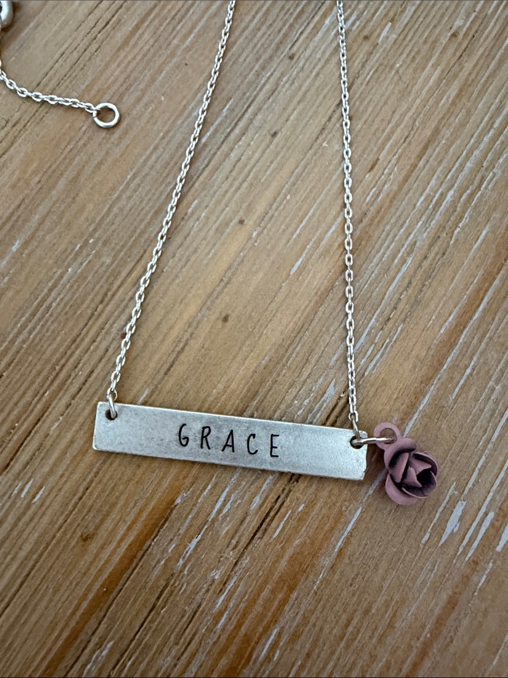 Grace Silver Bar Necklace with Pink Rose Charm